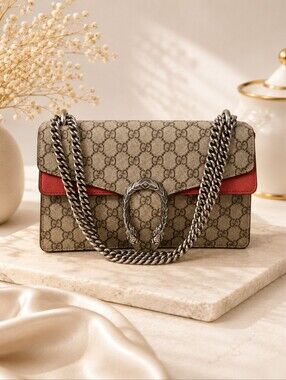 Authentic Gucci Dionysus GG Supreme Shoulder Bag Canvas Red Trim Silver Chain